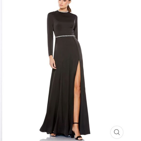 NWT Mac Duggal LONG SLEEVE JEWEL TRIMMED CHARMEUSE GOWN Black, Size 4 - Picture 1 of 4